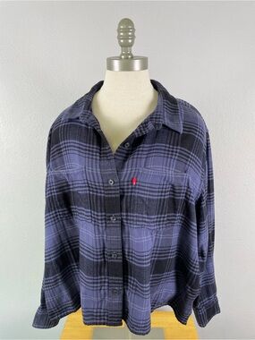 Levi's Black & Navy Plaid Women’s Cotton Flannel Button-Down Shirt Cropped XL